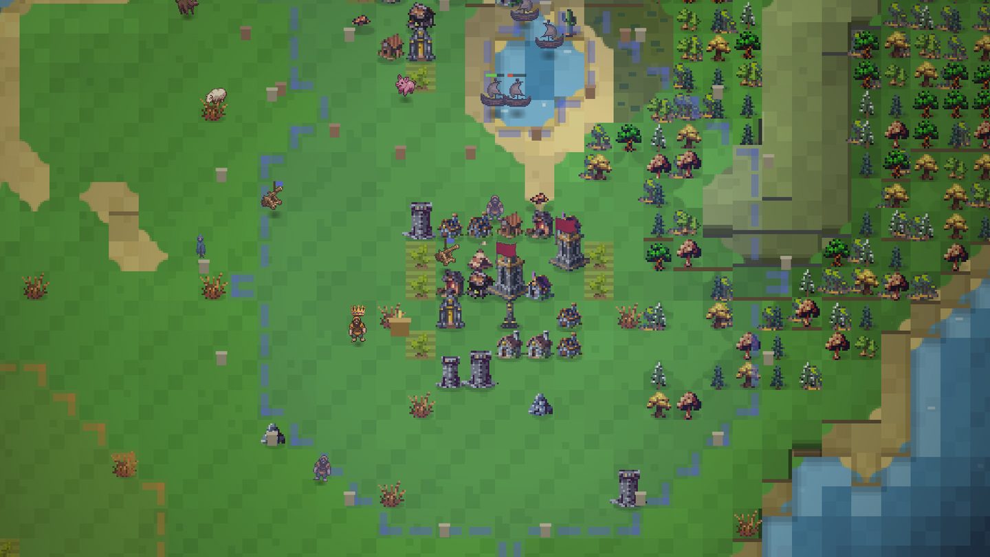 A thriving walled town with towers and banners